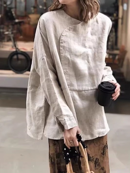 Vintage Fashion Style Female - قميص نسائي طويل الأكمام بتصميم فني