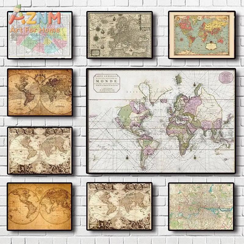 Vintage Fashion Wall Art - لوحة قماشية عتيقة لخريطة العالم، لوحة